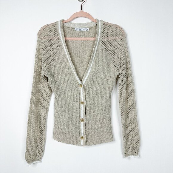 2/$24 Red Haute Pointelle V-Neck Cardigan Long Sleeve Tan with White #A0282 TRB2 - Picture 4 of 8